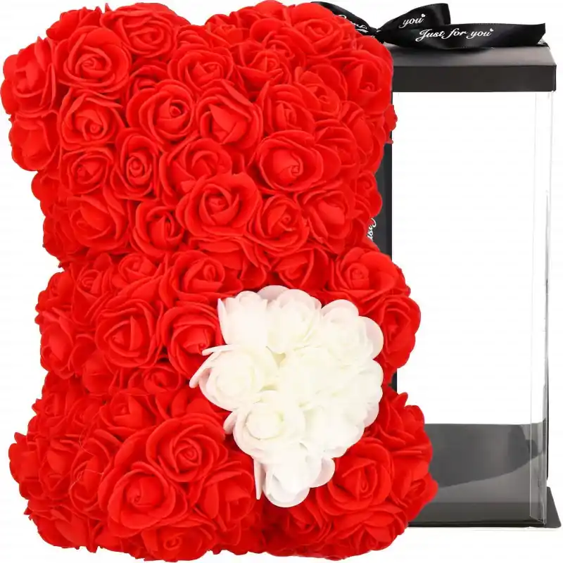 Výprodej Medvídek z růží 30 cm, červený s bílým srdcem SPRINGOS ROSE BEAR