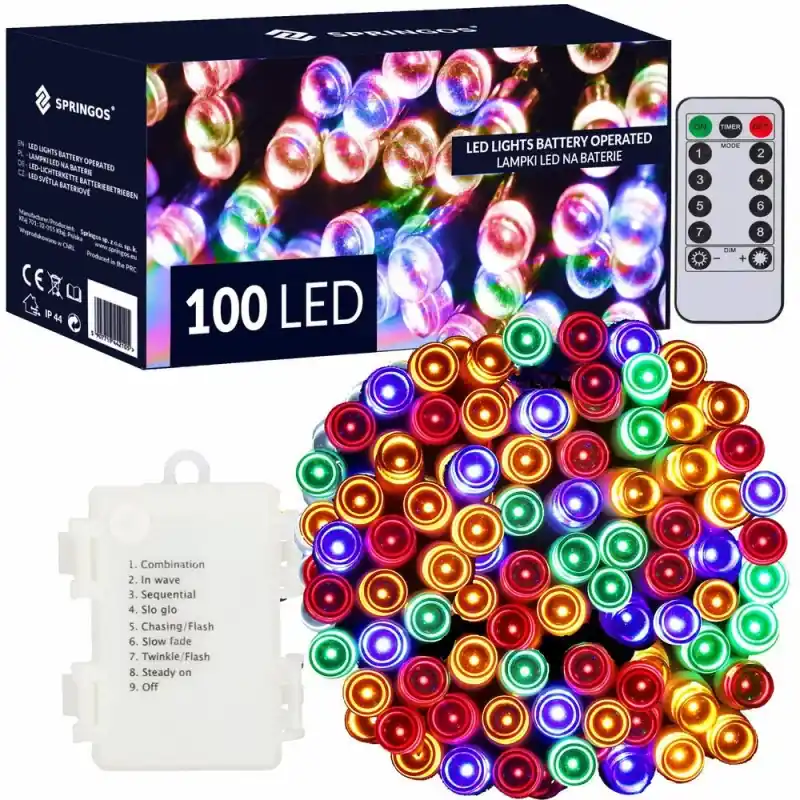 Cenově Výhodný LED světelný řetěz - 10m, 100LED, 8 funkcí, ovladač, 3xAA, IP44, multicolor