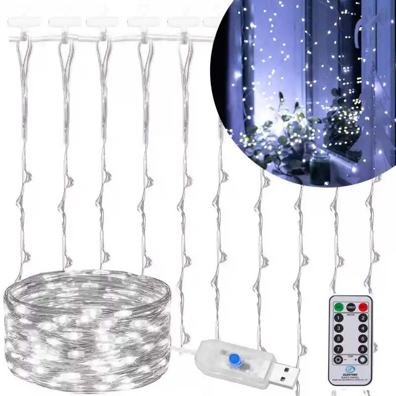 Bezpečná Platba LED Nano světelný závěs - 3x3m, 300LED, 8 funkcí, ovladač, USB, IP44, studená bílá