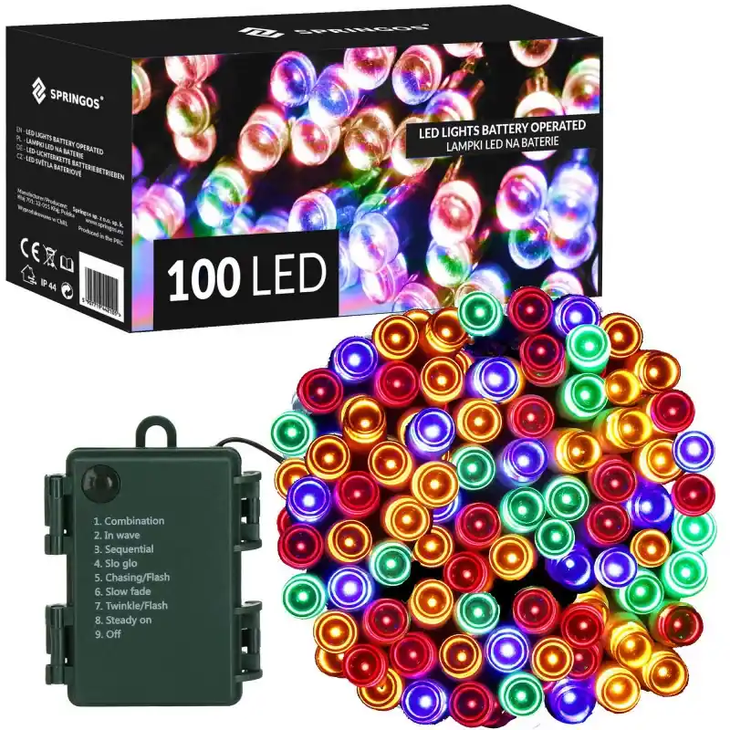 Horká Nabídka LED světelný řetěz - 10,5m, 100LED, 8 funkcí, 3xAA, IP44, multicolor