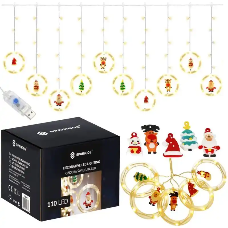 LED světelný závěs kroužky - 3x0,8m, 110LED, 8 funkcí, USB, IP44, teplá bílá Nejprodávanější