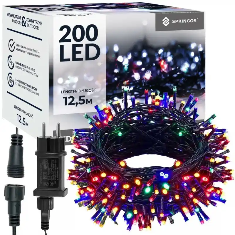 Akční Cena LED světelný řetěz - 12,5m, 200LED, 8 funkcí, paměť, IP44, multicolor