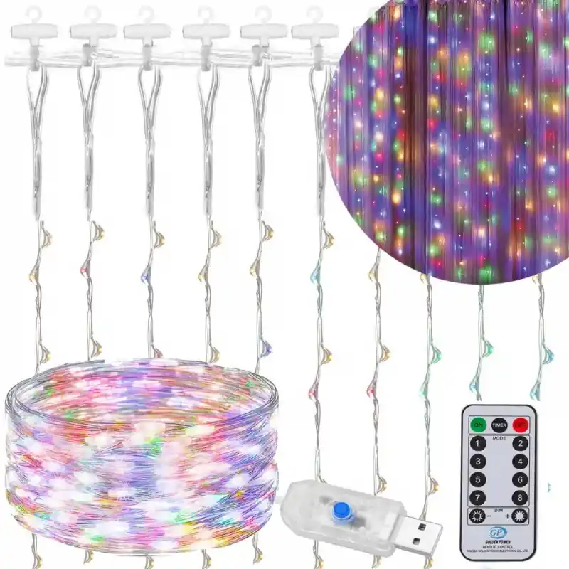 Vysoce Kvalitní LED Nano světelný závěs - 3x3m, 300LED, 8 funkcí, ovladač, USB, IP44, multicolor