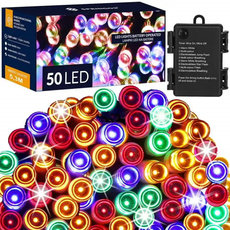 Nová Kolekce LED řetěz - 5m, 50LED, 8-funkcí, časovač, 3xAA, IP44, multicolor
