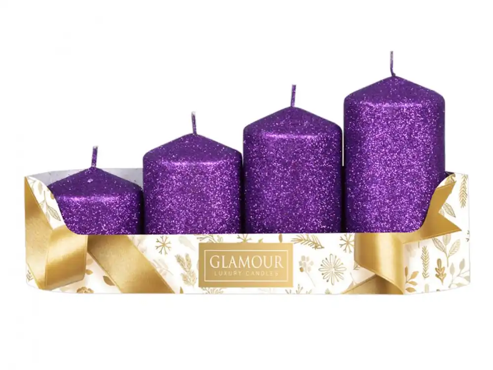 Speciální Cena Svíčky adventní STUPŇOVITÉ glitrované d5x6/7,5/9/10,5cm - fialová 4ks