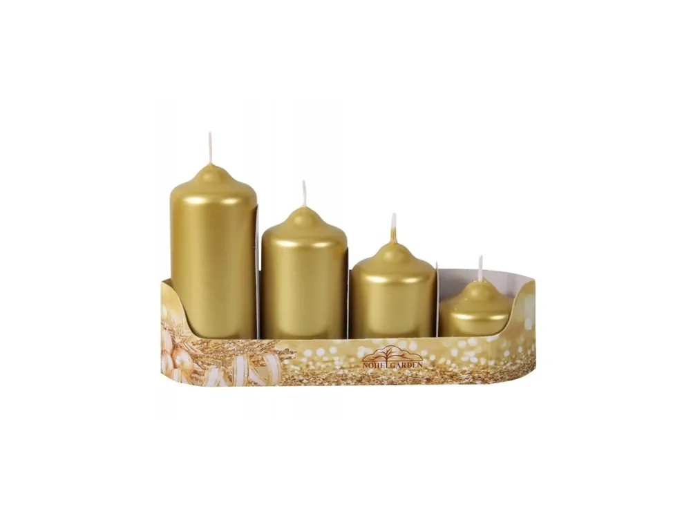 Časově Omezené Svíčky adventní STUPŇOVITÉ metalické d4,5x5/7/9/11cm - zlatá 4ks