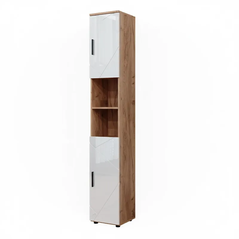 Ověřený Koupelnová skříňka Irma Bílý vysoký lesk/zlatý dub power 30 x 192 cm s dvířky a otevřenými přihrádkami Vicco