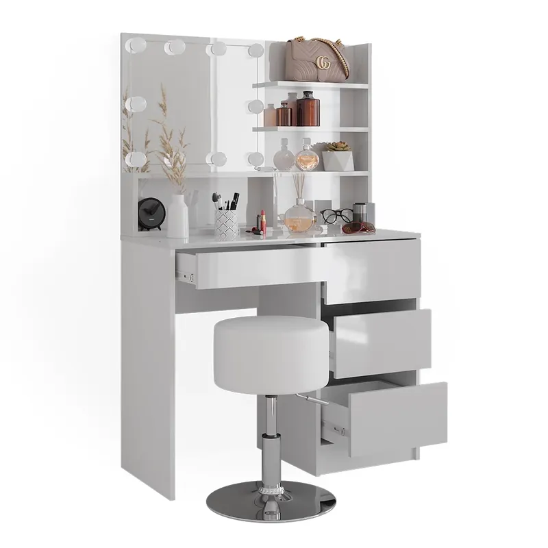 Nakupujte Hned Toaletní stolek Sherry Bílá 90 cm s osvětlením LED, stoličkou a zrcadlovou policí Vicco