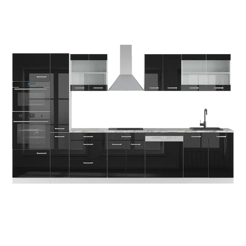 Kuchyňský kout R-Line Černý vysoký lesk/bílá 350 cm s vysokou skříní, s pracovní deskou Vicco Akce