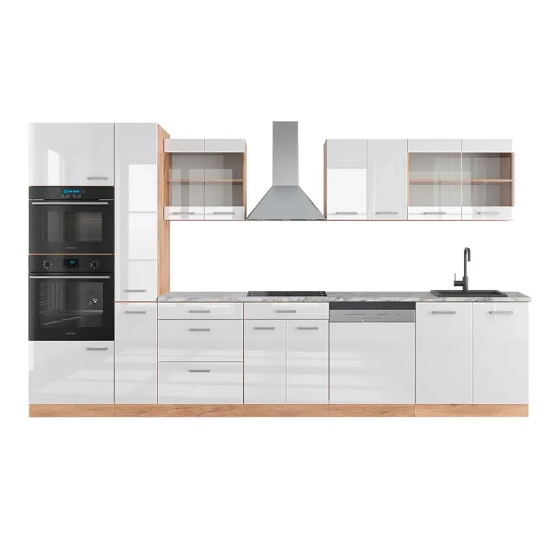 Kuchyňský kout R-Line Bílý vysoký lesk/zlatý dub power 350 cm s vysokou skříní, PD Mramor Vicco Jen Po Omezenou Doba