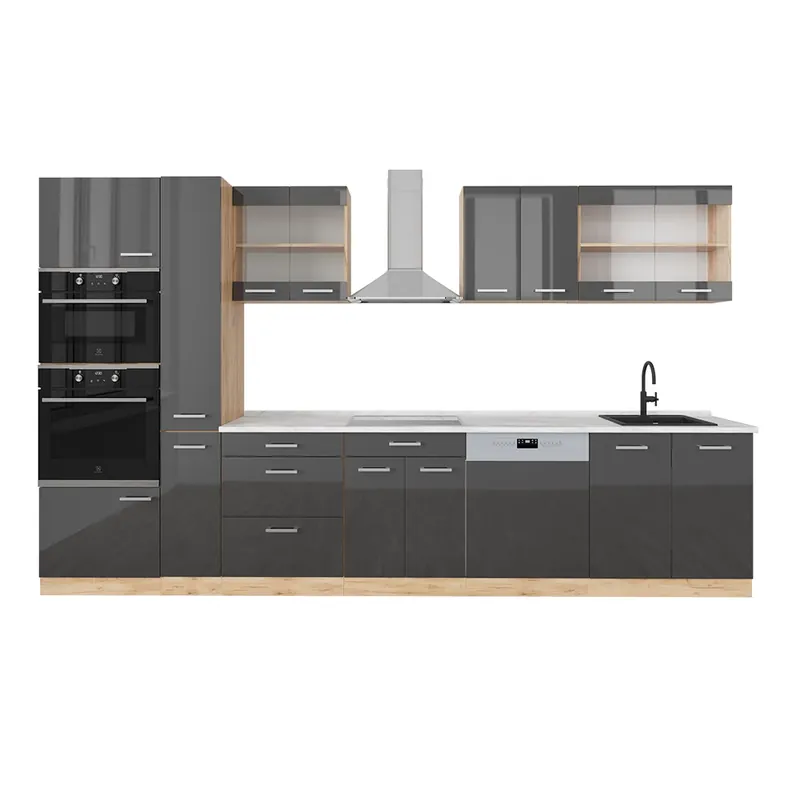 Nejlepší Cena Kuchyňský kout R-Line Antracitový vysoký lesk/zlatý dub power 350 cm s vysokou skříní, PD Mramor Vicco