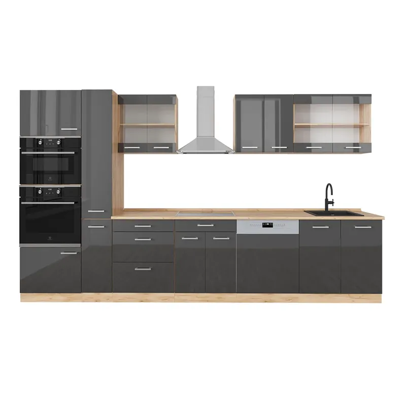 Kuchyňský kout R-Line Antracitový vysoký lesk/zlatý dub power 350 cm s vysokou skříní, PD Dub Vicco Tovární Cena