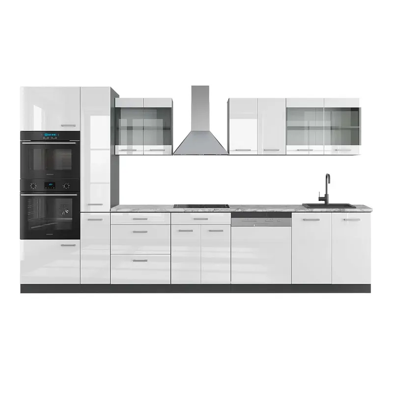 Novinka Kuchyně R-Line Bílý vysoký lesk/antracit 350 cm s vysokou skříní, PD Mramor Vicco