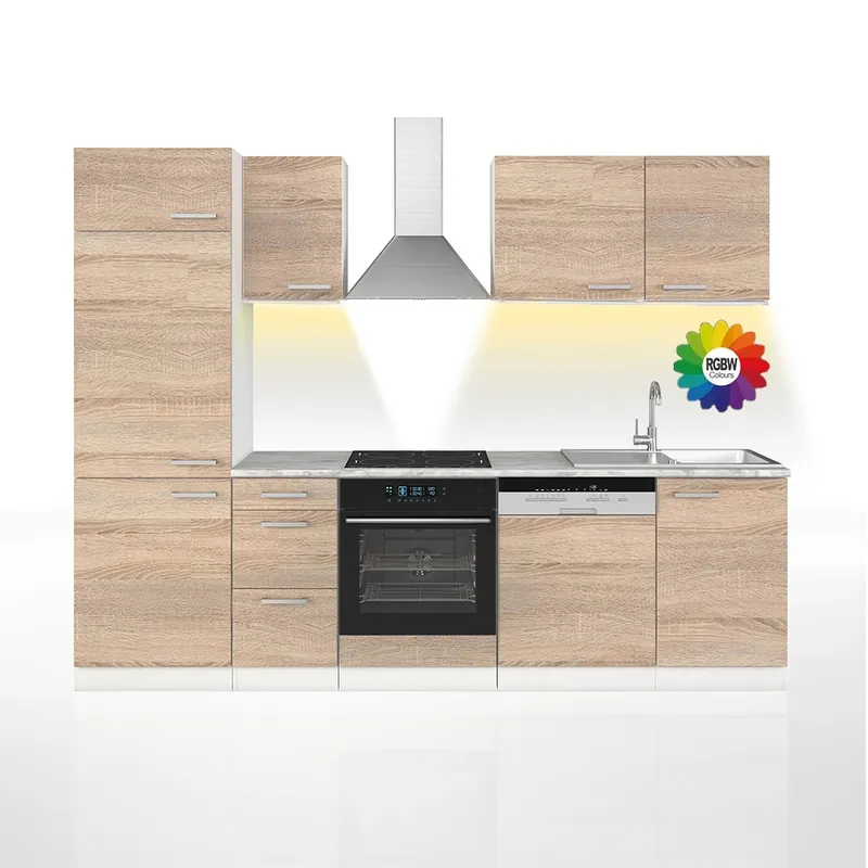 Kuchyňský kout Optima Sonoma/bílá 270 cm bez pracovní desky s páskem LED Vicco Ověřený