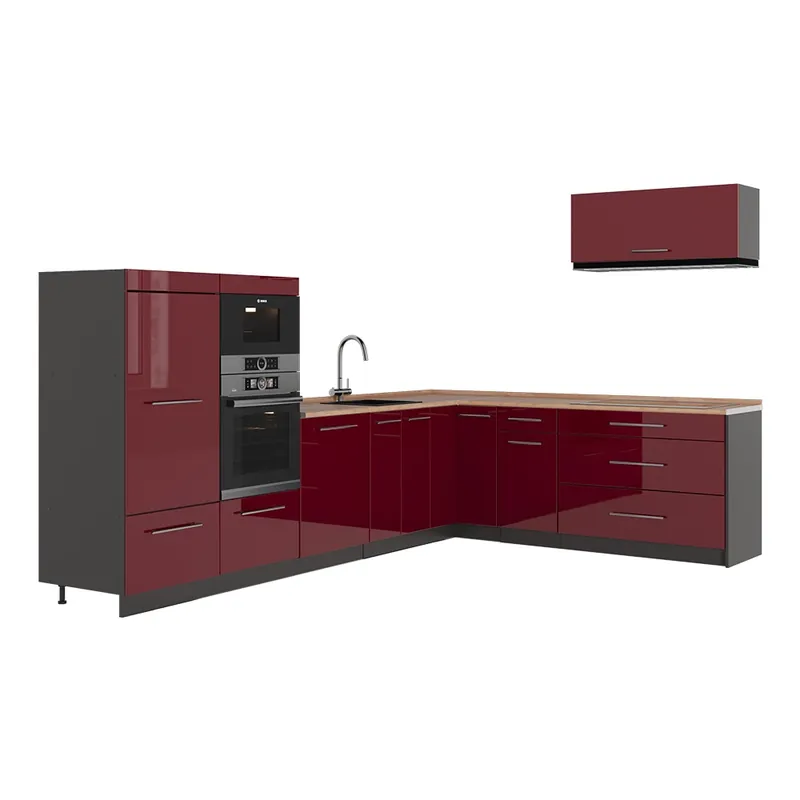Rohová kuchyň Fame-Line Bordó červená vysoký lesk/Antracit 327 x 60 cm, PD Dub Vicco Jen Po Omezenou Doba
