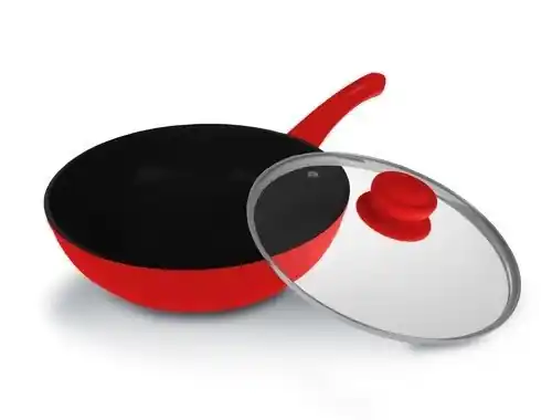 Vysoce Kvalitní KERAMICKÁ PÁNEV S POKLICÍ WOK O28 CM ČERVENÁ/ČERNÁ