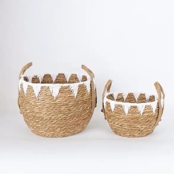 SADA 2x Slaměný košík béžová/bílá 32x16,5x18/24x23,5x26 cm Expresní Doručení