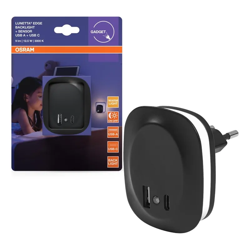 Osram - LED Noční svítidlo do zásuvky se senzorem a USB LUNETTA LED/12,5W/230V černá Víkendová Akce