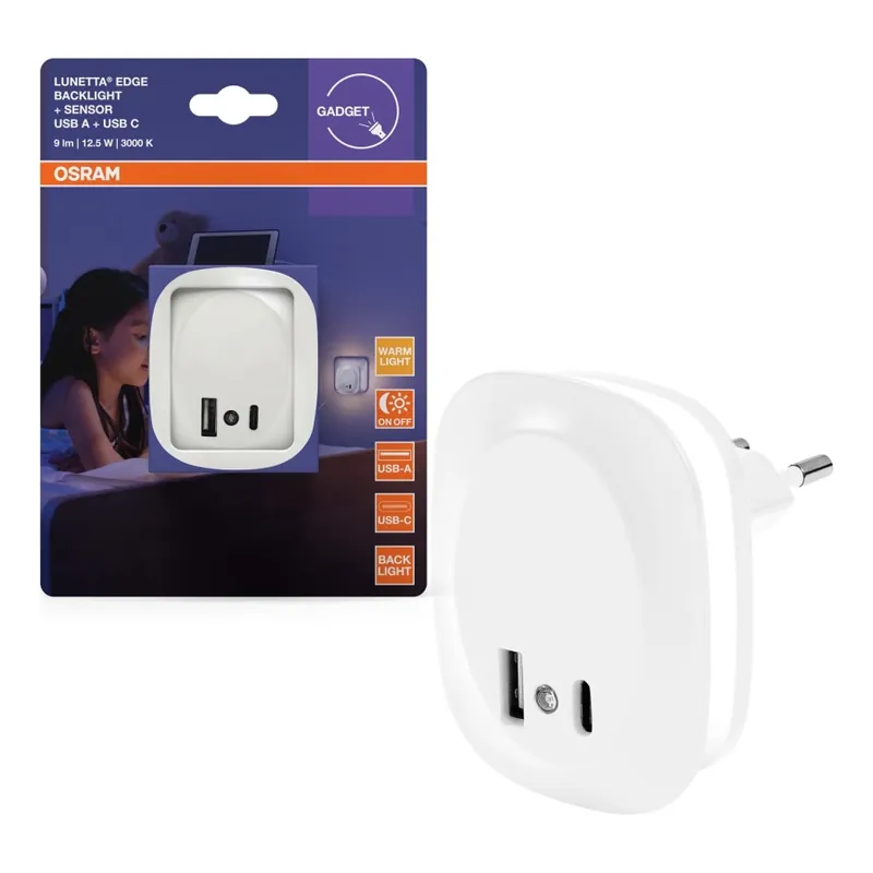Ihned K Objednání Osram - LED Noční svítidlo do zásuvky se senzorem a USB LUNETTA LED/12,5W/230V bílá