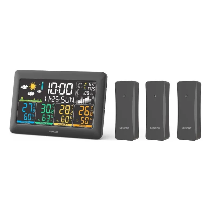 Sencor - Meteostanice s barevným LCD displejem + 3 senzory 3xAA + 6xAA černá Akce