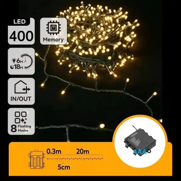Aigostar - LED Venkovní vánoční řetěz 400xLED/8 funkcí 4xAA 20,3 m IP44 teplá bílá Časově Omezené