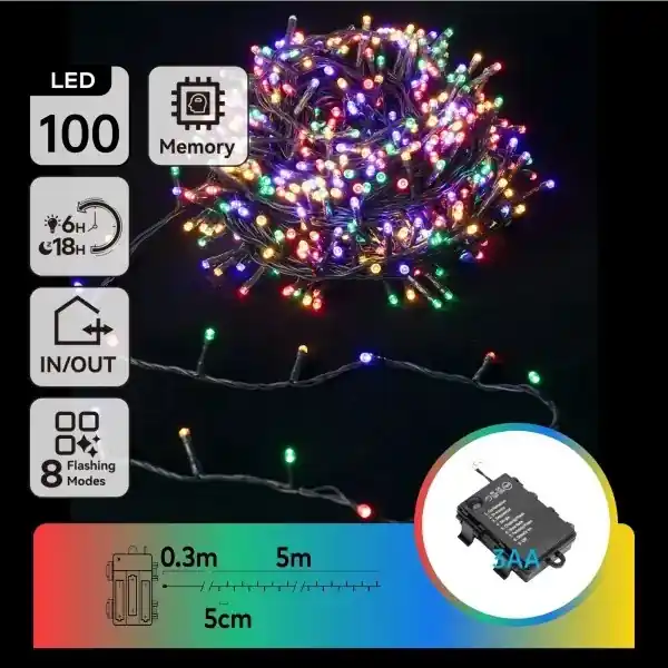 Aigostar - LED Venkovní řetěz 100xLED/8 funkcí 3xAA 5,3 m IP44 multicolor Originální