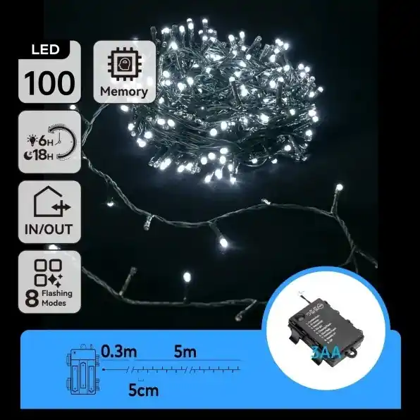 Aigostar - LED Venkovní řetěz 100xLED/8 funkcí 3xAA 5,3 m IP44 studená bílá Koupit Online