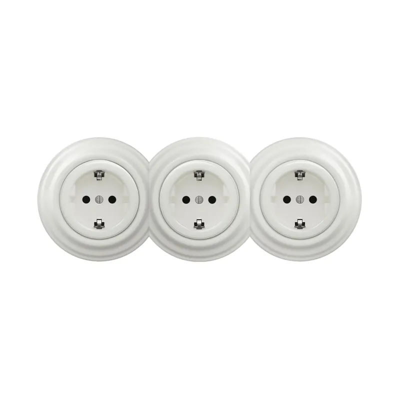 Reblig - Trojitá retro zásuvka domovní s rámečkem SCHUKO 230V keramická bílá Tovární Cena