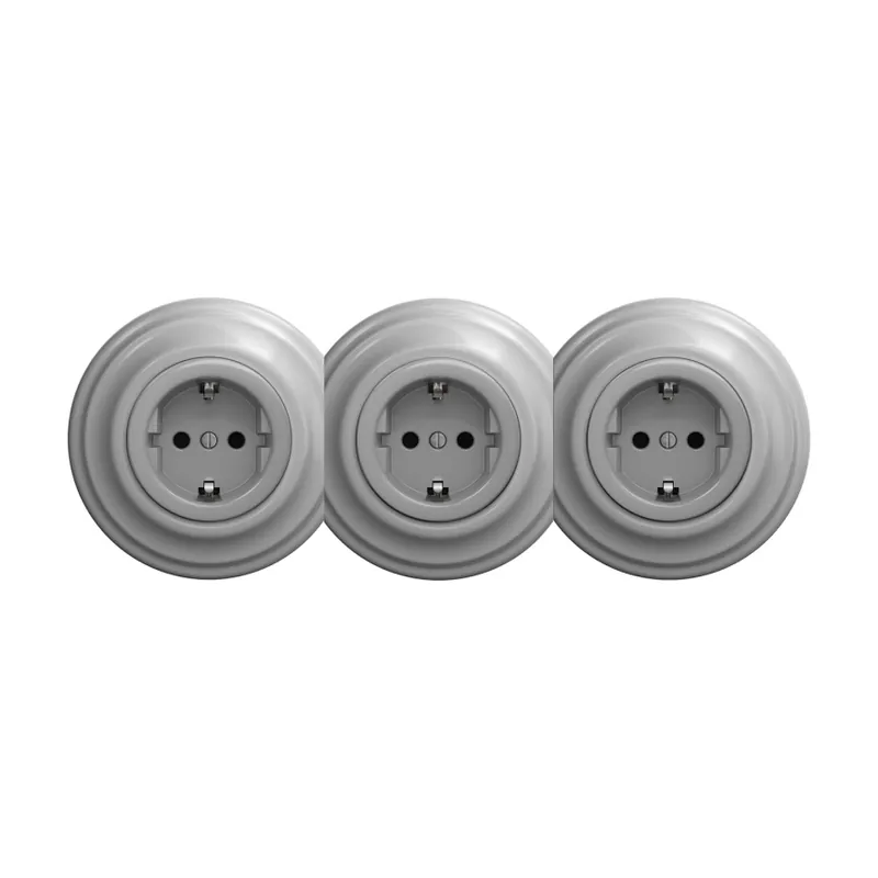 Reblig - Trojitá retro zásuvka domovní s rámečkem SCHUKO 230V šedá Originální