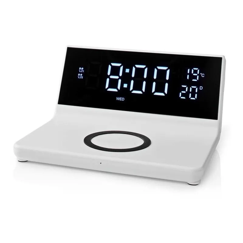 Budík s LCD displejem a bezdrátovou nabíječkou 15W/5V + 1xCR2032 bílá Sezónní Sleva