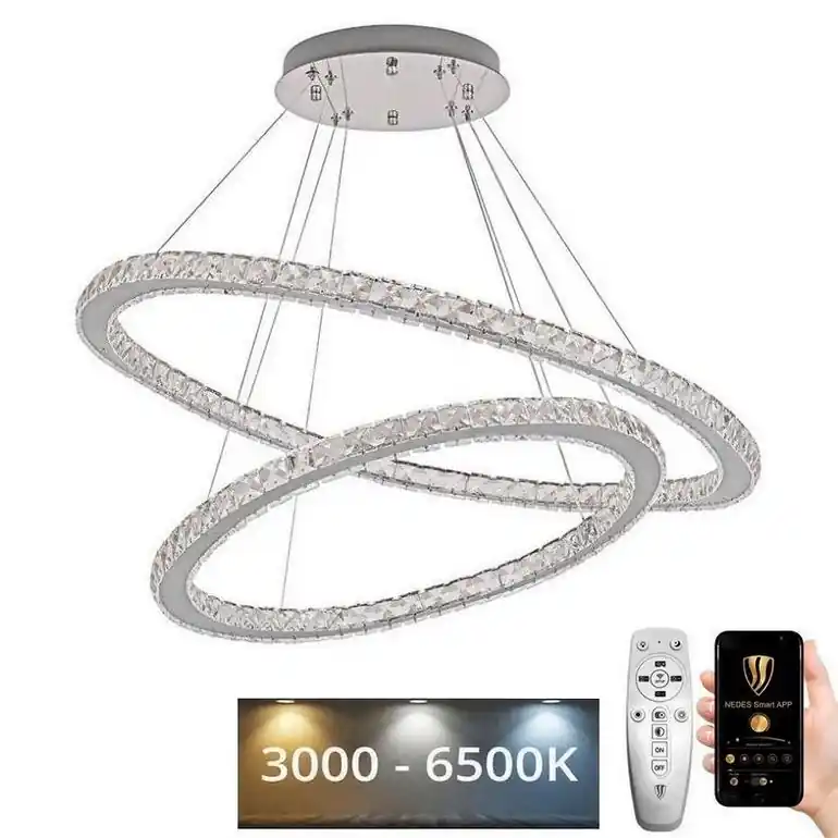 Sleva LED Stmívatelný křišťálový lustr na lanku LED/160W/230V 3000-6500K stříbrná + dálkové ovládání