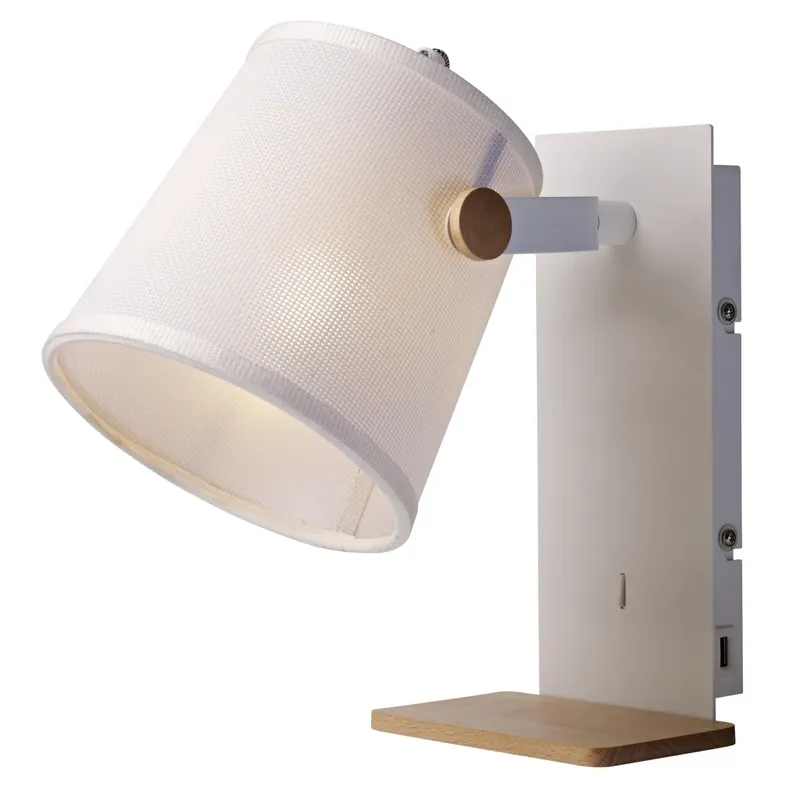 Oblíbený Mantra Nordica II, nástěnné svítidlo s USB a malou poličkou, 1xE27,kov-bílá/dřevo, stínítko z bílé textilie, výška 32cm
