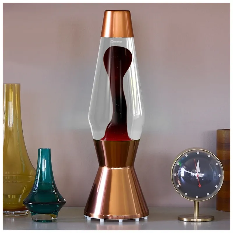 Akce Mathmos Astro Copper, originální lávová lampa, měděná s čirou tekutinou a tmavě fialovou lávou, výška 43cm