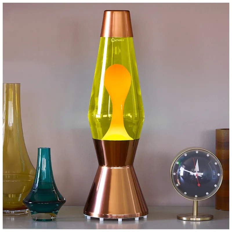 Autentický Mathmos Astro Copper, originální lávová lampa, měděná se žlutou tekutinou a oranžovou lávou, výška 43cm