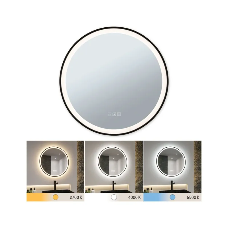 Odeslání Ihned Paulmann Mirra, stmívatelné kulaté zrcadlo s osvětlením a funkcí odmlžení, 11,5W LED White Switch, černá, průměr 59cm, IP44