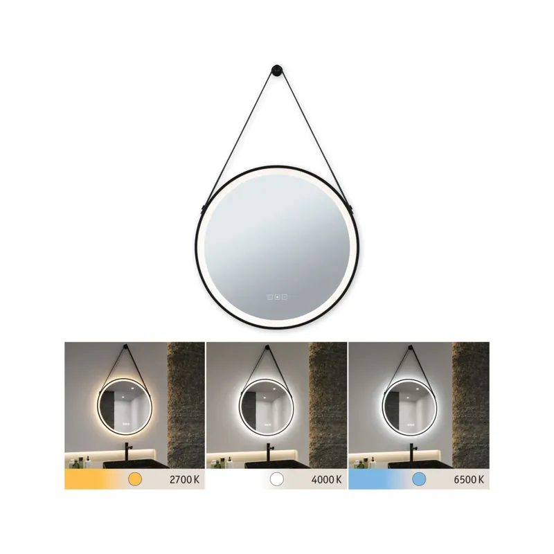 Paulmann Mirra, osvětlené kulaté zrcadlo s koženým závěsem, stmívatelné, funkce odmlžení, 11,5W LED White Switch, černá, průměr 59cm, IP44 Cenově Výhodný