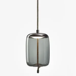 Originální Brokis Knot Cilindro, Designové závěsné svítidlo, šedé kouřové sklo lesklé / černý chrom / sklo LED 14W 2700K DIM