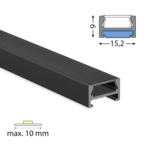 Značkový Přisazený hliníkový profil černý PDA 15x9 mm, včetně černého difuzoru, 200cm