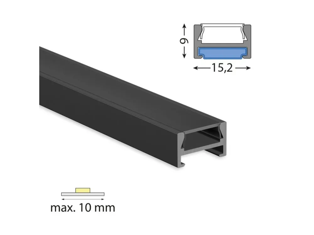 Značkový Přisazený hliníkový profil černý PDA 15x9 mm, včetně černého difuzoru, 200cm