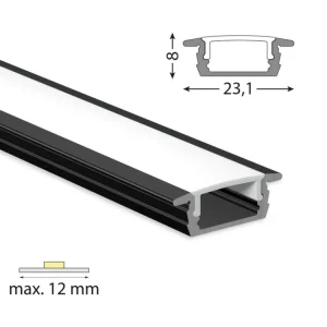 Výprodej Vestavný hliníkový profil VP, 23x8 mm černý včetně mléčného difuzoru, 200cm